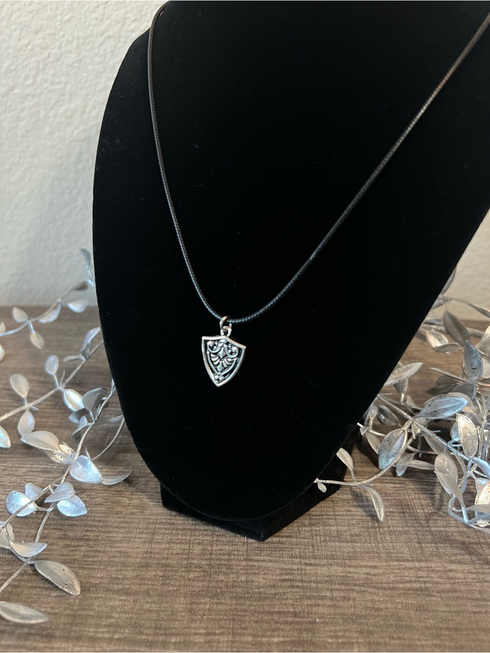 Silver Heraldic Shield Pendant Necklace on Black Cord 18.5” | Medieval Fantasy